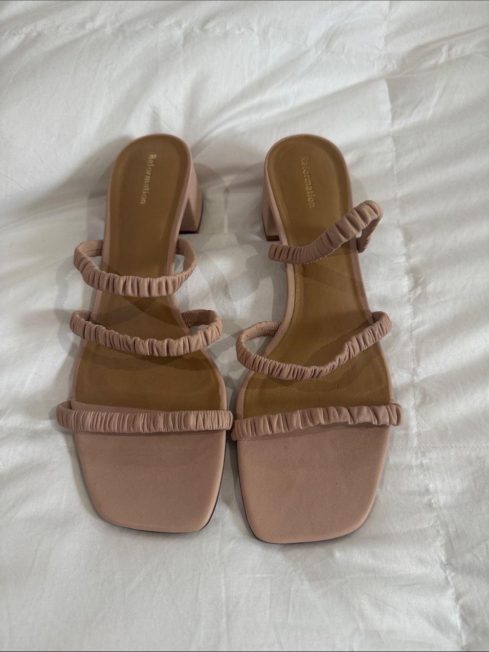 Reformation Assunta Ruched Strap Block Heel Sandals - Blush